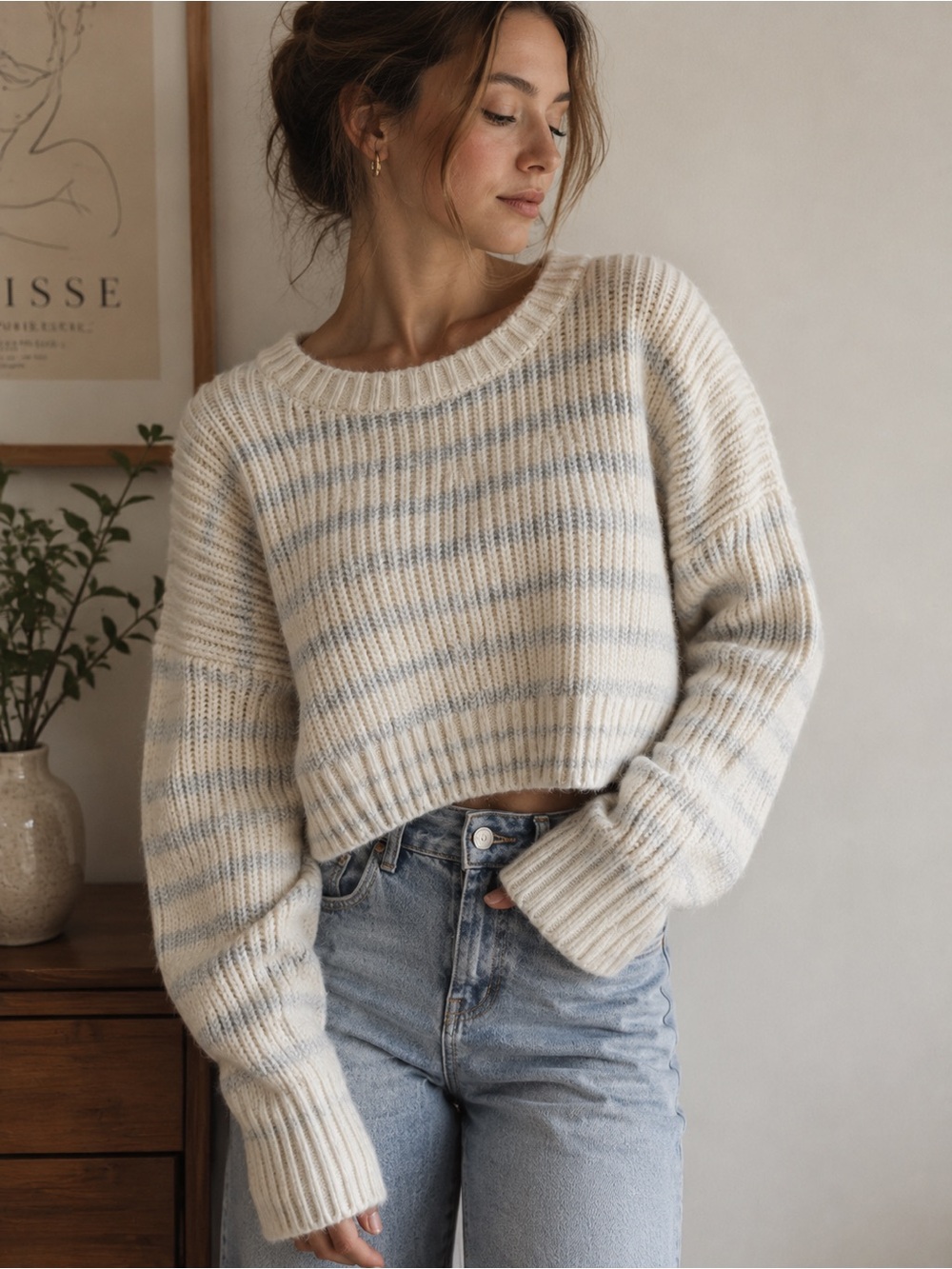 Sincerely Jules Striped Oversized Knit Sweater Cream Blue Size L